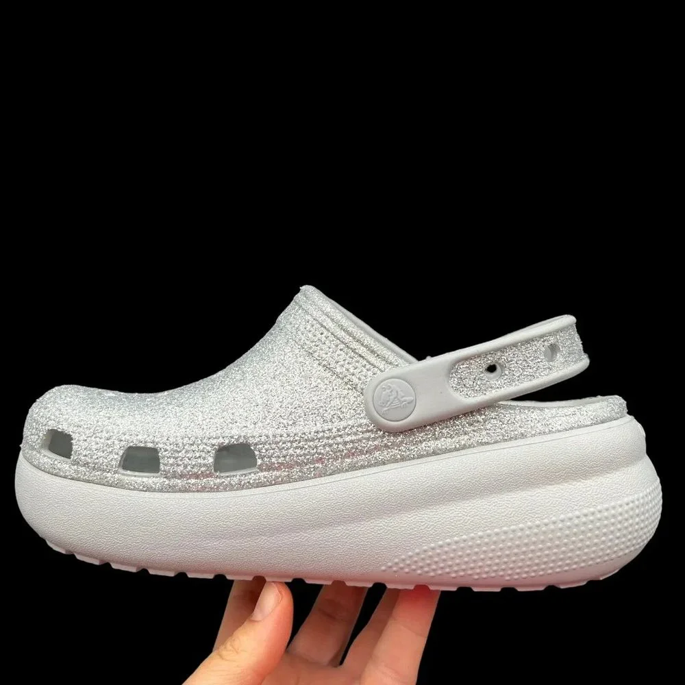 Crocs Youth Girls Platform Glitter Clog Size 2-3‎ Silver Slip-on Comfortable